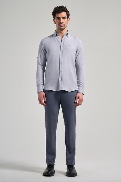 İmza Γκρι Slim Fit Gabardine πουκάμισο - Κοντό μανίκι, πέτο με κουμπιά, χωρίς τσέπες - 1004250124_100