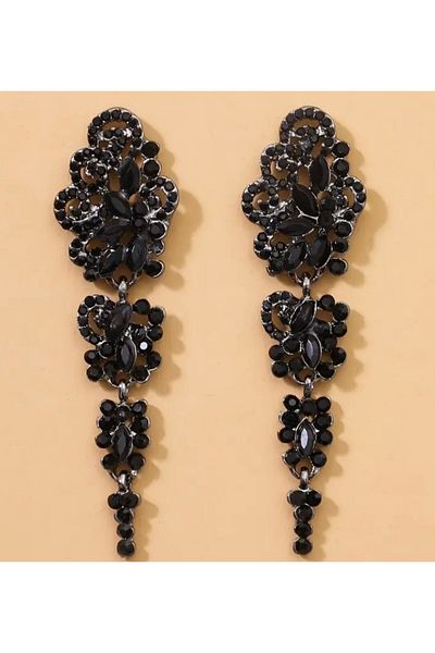 ER TAKI Black Rhinestone Long Dangle Stylish Gothic Style Engagement Henna Wedding Evening Dress Earrings