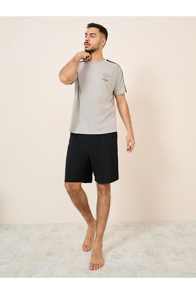 Styli Tape Detail Minimal Print T-shirt and Short with Pocket Set