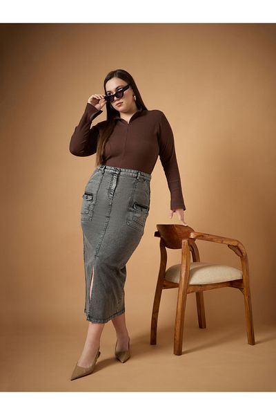 Sassafras By Styli Plus Size Acid Wash Front Slit Midi Skirt