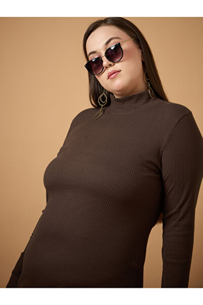 Sassafras By Styli Plus Size Ribbed High Neck Bodycon Midi Dress