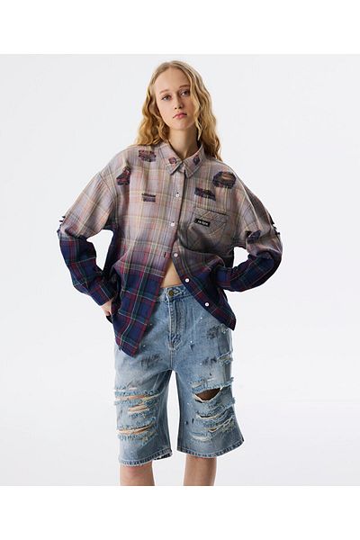 Twist Plaid Pattern Shirt with Aging Effect