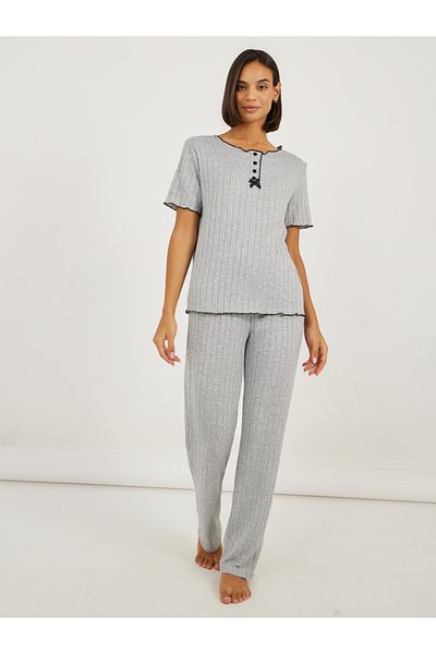 Styli Brushed Rib Contrast Edge Placket T-Shirt and Pyjama Set