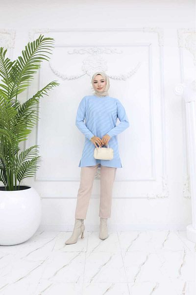 K-ODEA BUTİK Women's Asymmetrical Striped Soft Blue Knitwear Tunic Seasonal