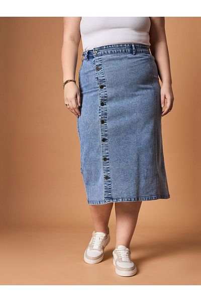 Sassafras By Styli Plus Size Acid Wash Midi Skirt with Side Button Details