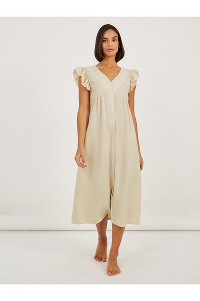 Styli Button Detail Lace Trim Ruffle Sleeve Nightdress