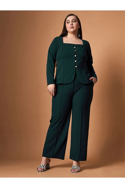 Sassafras By Styli Plus Size Solid Front Button Top and Straight Pants Set