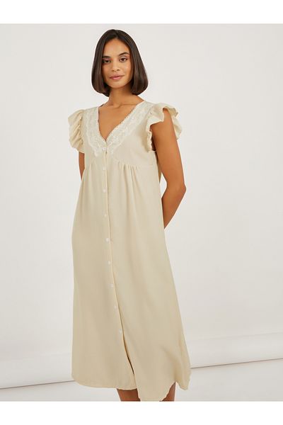 Styli Button Detail Lace Trim Ruffle Sleeve Nightdress