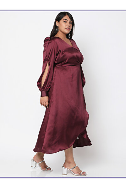Mish By Styli Plus Size Satin Wrap Front Midi Dress with Tulip Hem