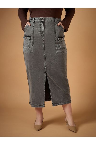 Sassafras By Styli Plus Size Acid Wash Front Slit Midi Skirt