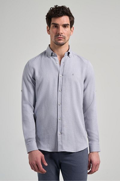 İmza Γκρι Slim Fit Gabardine πουκάμισο - Κοντό μανίκι, πέτο με κουμπιά, χωρίς τσέπες - 1004250124_100