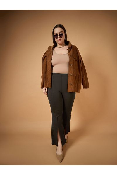 Sassafras By Styli Plus Size Front Slit Detail Flared Pants