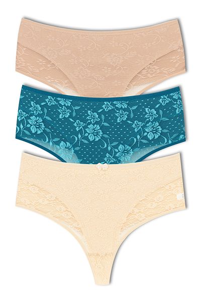 HNX 3-Piece Front Double Layer Lined Lace High Waist Cotton Thong Women's Panties