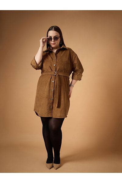 Sassafras By Styli Plus Size Corduroy Belted Detail Mini Shirt Dress