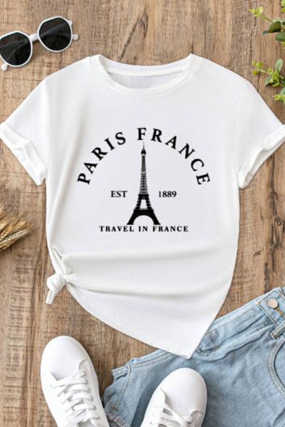SAJA Tricou cu mânecă scurtă pentru femei/fete PARIS FRANCE cu litere și turnul Eiffel
