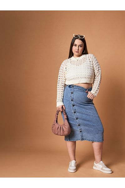 Sassafras By Styli Plus Size Acid Wash Midi Skirt with Side Button Details