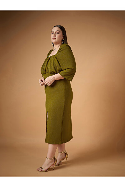 Sassafras By Styli Plus Size Glittered Ruched Detail Sheath Midi Dress