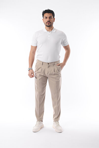 İDS COLLECTİON Erkek Pileli Mevsimlik Likralı Bej Kumaş Pantolon