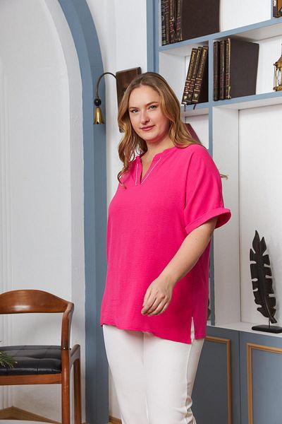 RMG Fuchsia Plus Size Collar Stone Embroidered Blouse