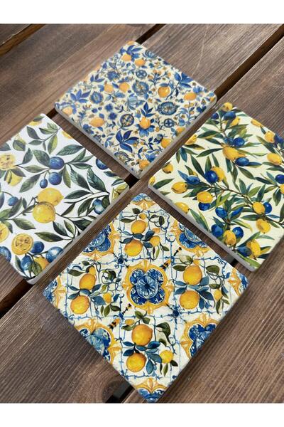 woodhomeworks Baskılı Doğaltaş Bardak Altlığı 4'lü Set renklı