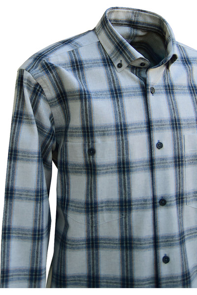 YILDIZ GÖMLEK Açık Mavi Üzerine Lacivert Siyah Ekose Desen Çift Cepli Düğmeli Yaka Klasik Kesim Kışlık Pamuklu