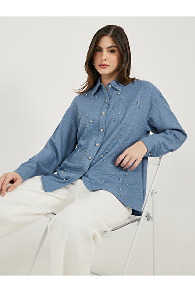 Styli Embellished Oversized Longline Collared Denim Shirt