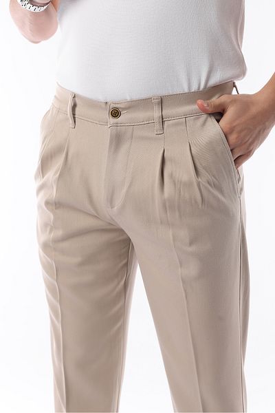 İDS COLLECTİON Men's Pleated Seasonal Lycra Beige Fabric Trousers