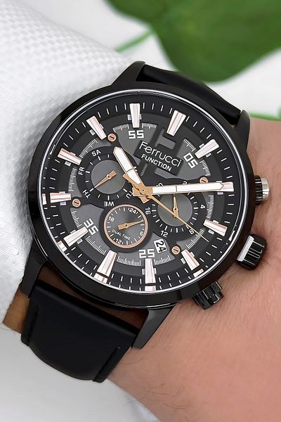 Ferrucci Function Leather Cord Men's Wristwatch 3 Atm- Black with Bracelet Gift Zmfer168