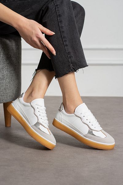 KOTAN Pantofort alb pentru femei - Talpă ortopedică, piese confortabile, pantofi sport casual cu șireturi