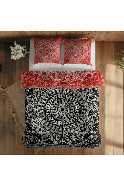 The Lucid Lab Black / Red Bohemian Mandala Çift Taraflı Nevresim Takımı - 200 cm x 220 cm