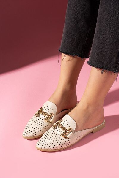 FUGA MODA Pavina Beige Laser Cut Skin Leather Slippers with Gold Accessories