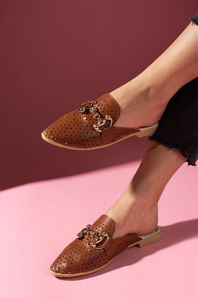 FUGA MODA Pavina Tan Laser Cut Skin Leather Slippers with Gold Accessories