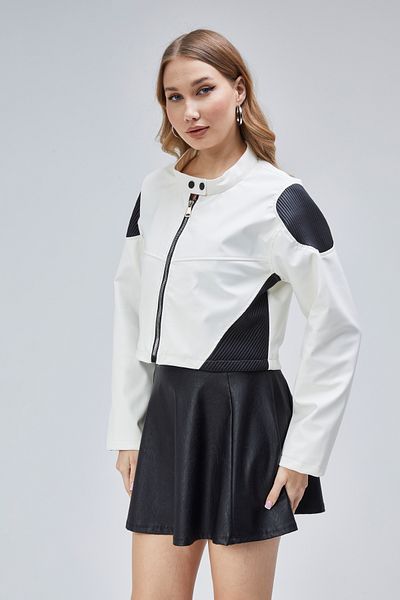 Black Level Women's Oversize Zippered Collar Snap Fastener Shoulder and Skirt White Patterned College Racer Jacket Biker Coat