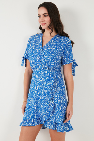 Lela Çiçekli Kruvaze Yaka Fırfır Detaylı Mini Elbise  Elbise 5863719