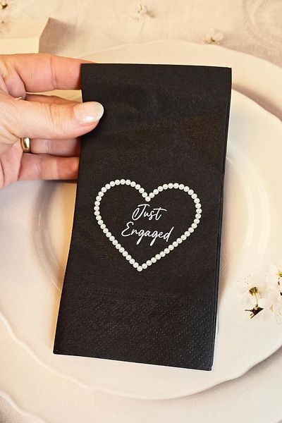 PEKSHOP Black Engagement Napkin with Pearls and Just Engaged Writing 12 Pack