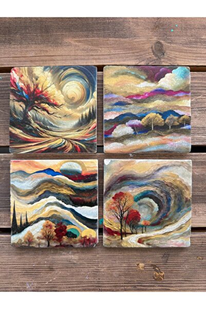 woodhomeworks Baskılı Doğaltaş Bardak Altlığı 4'lü Set renklı