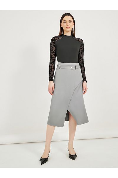 Styli Solid Overlap Wrap Detail Midi Skirt