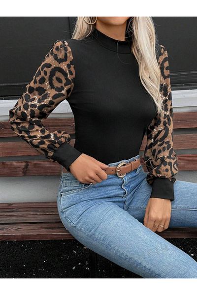 Kokosh moda Bluză de damă cu mânecă lungă, cu gât semi-înțeles, cu detaliu leopard
