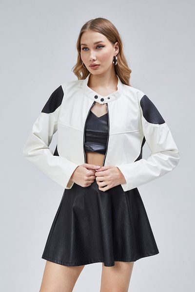 Black Level Women's Oversize Zippered Collar Snap Fastener Shoulder and Skirt White Patterned College Racer Jacket Biker Coat