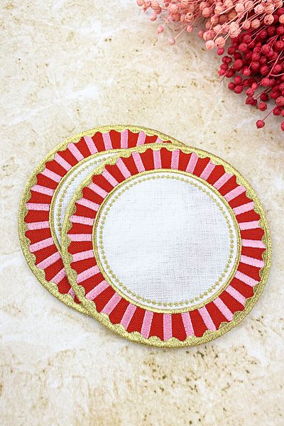 WEARE2 Red Pink Pip Studio Love Birds Compatible 2 Embroidered Cocktail Napkins