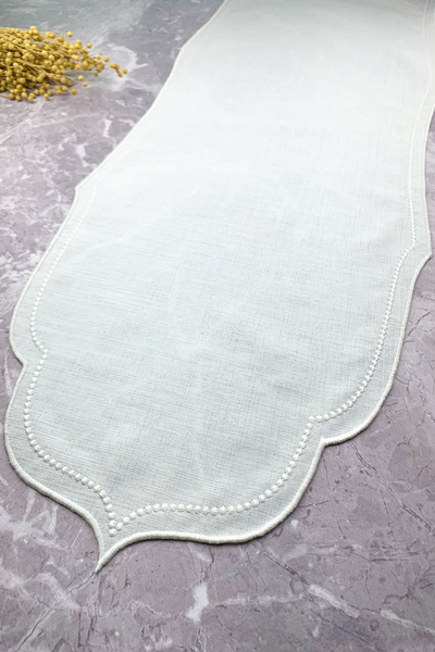 WEARE2 Covor decorativ cu efect de in, brodat cu margele, culoare albă, 40x14...