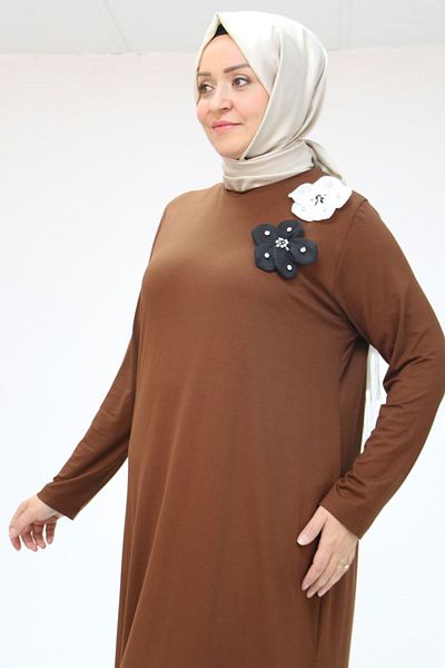 Eslina 58025 Plus Size Floral Motif Combed Cotton Tunic - Brown