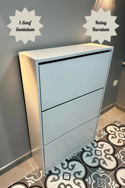 Dekomonte Beyaz Düşer Kapaklı Ayakkabılık Kayar Raflı Ayakkabılık 3 Bölmeli A...