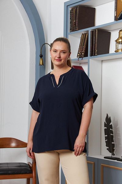 RMG Navy Blue Large Size Collar Stone Embroidered Blouse