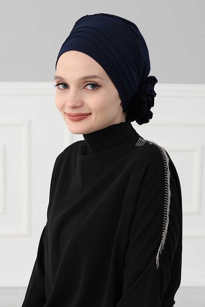 Aisha's Design Navy Blue Cross Combed Cotton Bonnet - B-14