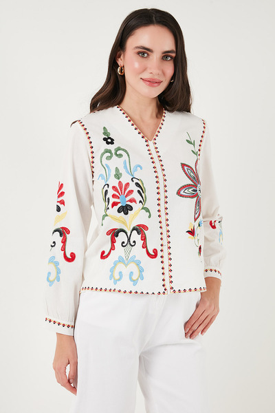 Lela Cotton Embroidery Embroidered Oversize Fit V-Neck Blouse Bluz 676254