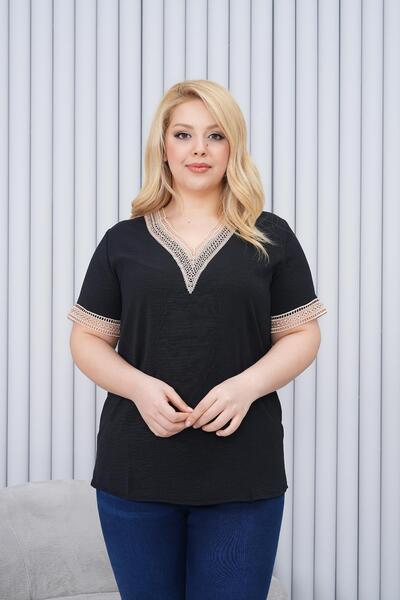 Siyezen Plus Size Lace Detail V-Neck Blouse