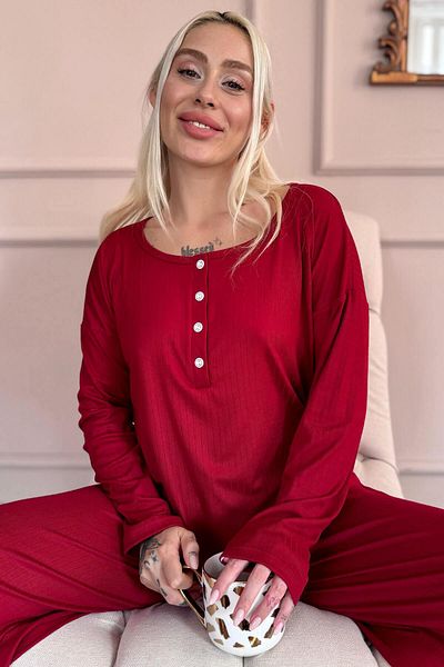 Pijamaevi Burgundy Dublin Long Sleeve Placket Women's Pajamas Set