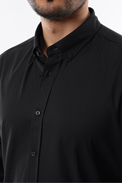 İDS COLLECTİON Siyah Slimfit Pamuklu Oxfort Likrali Yaka Düğmeli Uzun Kol Erkek Gömlek