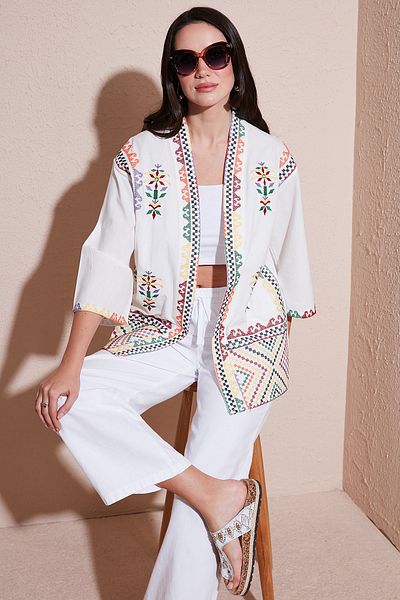 Lela Κέντημα Κεντημένο Βαμβακερό Oversize Εφαρμογή Τριών τετάρτων μανίκι κιμονό KIMONO 676272